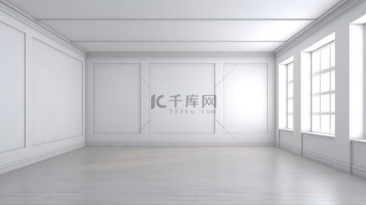 空白画布 一个空房间，带有 3D 创建的原始白色墙壁