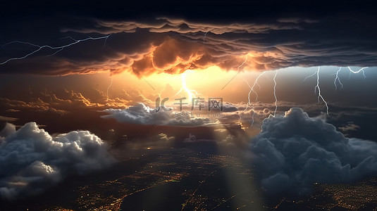 穿过云霄背景图片_夜间飞行穿过闪电和雷暴的 3d 插图