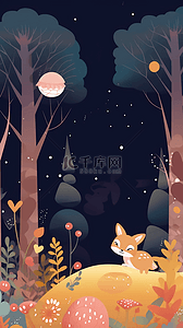 秋天花树背景图片_可爱的小狐狸大树植物秋天森林卡通背景自然风景