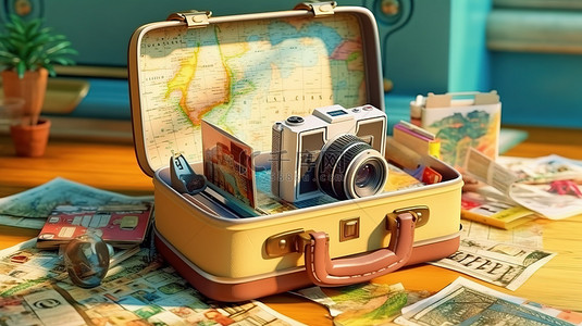 旅行行李背景图片_旅行必需品手提箱地球相机护照和门票 3d 渲染