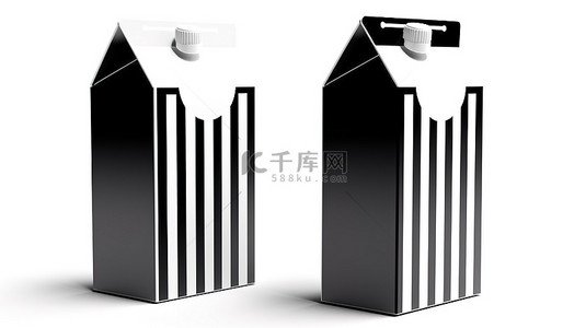 具有正面和侧面视图的白色背景隔离牛奶或果汁纸盒包装盒的 3D 渲染