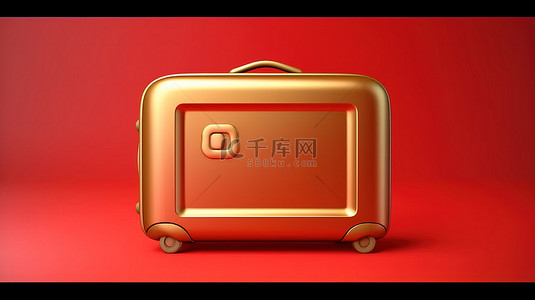 滚动图标背景图片_滚动手提箱图标 3D 渲染社交媒体符号，红色哑光金板上带有金色行李箱