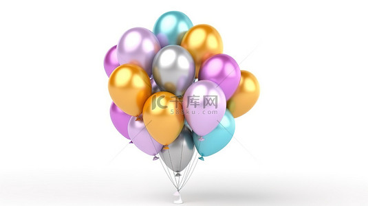 白色背景上充满活力的气球非常适合 3D 渲染中的生日庆祝活动和活动卡