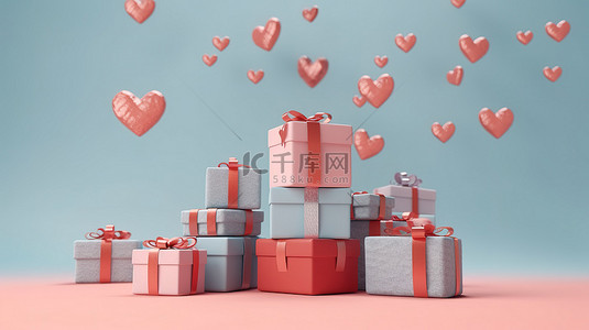 情人节金背景图片_情人节横幅，带有心形装饰礼品盒的 3D 渲染插图