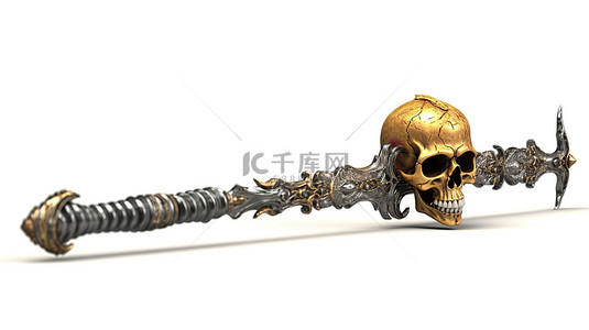 剑背景图片_白色背景上带有金色口音的骨骼主题长剑的 3D 插图