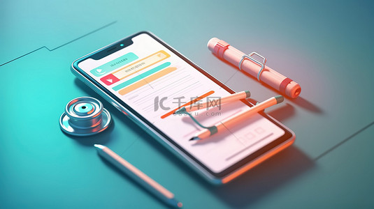 表格背景图片_虚拟健康检查 3D 插图，包含移动应用程序平面医疗表格和铅笔