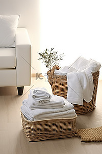 白色毛巾和床单堆放在木地板上的篮子里，还有其他白色物体