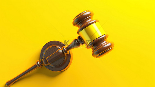 黄色背景，带有拍卖法院锤子投标权威和法律概念3D渲染插图的木槌符号