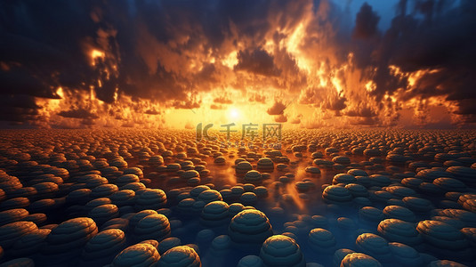 晚霞云背景图片_蓬松的蓝色乳房云的黄金时刻发光 3D 渲染，带有辐射光的踪迹