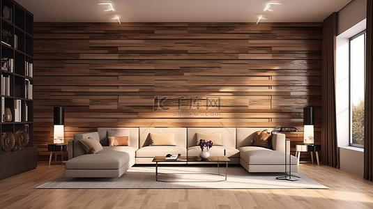 客厅的 3D 渲染，配有美丽的板条木墙