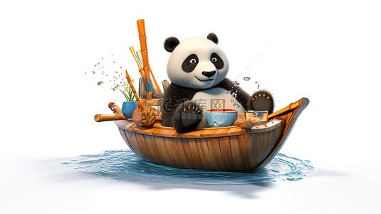 一只异想天开的 3D 熊猫带着一罐蜂蜜航行