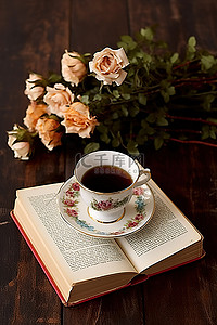 木桌上的茶杯和书
