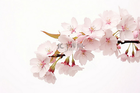 白色背景下矗立着粉红色花朵的树枝