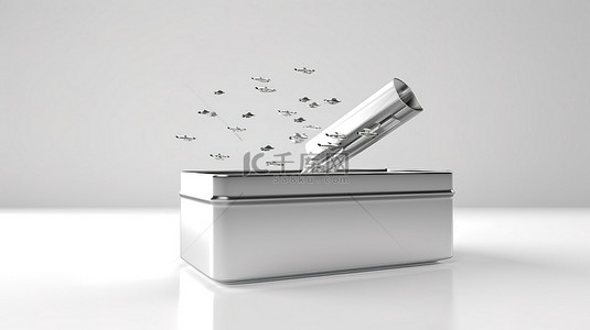 飞行的背景图片_白色空白空间中飞行的银色铅笔盒的 3D 插图