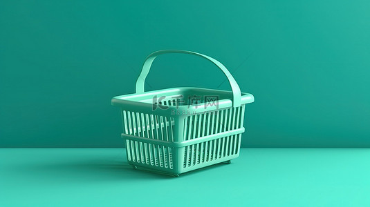 简约绿色黄色背景图片_蓝色背景上的 3D 简约绿色购物篮，具有充足的复制空间