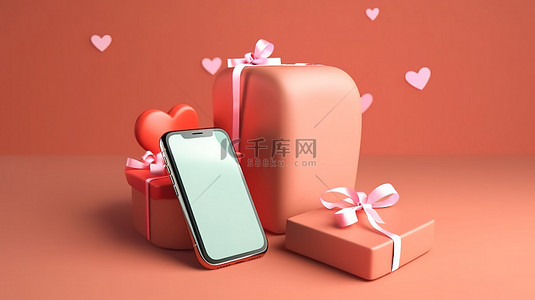 手机模型展示背景图片_情人节主题智能手机模型的 3D 渲染，爱心形状和礼品盒