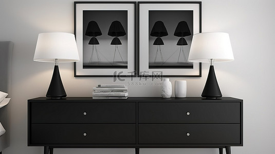 现代白色框架艺术品和台灯强调黑色抽屉柜 3D 渲染