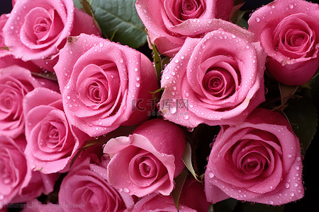花束中带有露珠的粉红玫瑰
