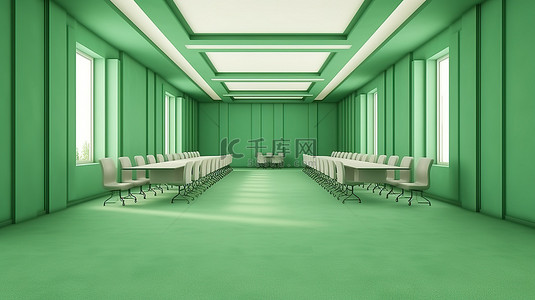 3D 渲染的会议空间，采用宁静的绿色色调