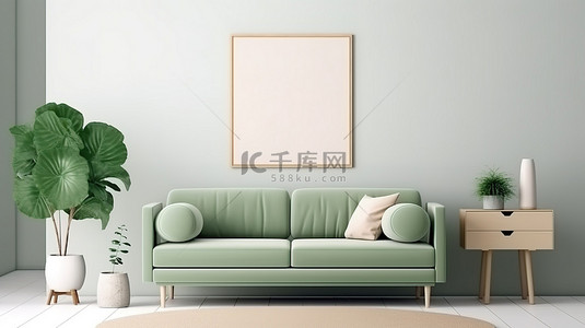 白色干净客厅的 3D 渲染，配有绿色沙发和木地板，配有帆布模型