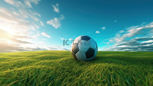 在宁静的蓝天下，在郁郁葱葱的绿色场地上以 3d 描绘的足球