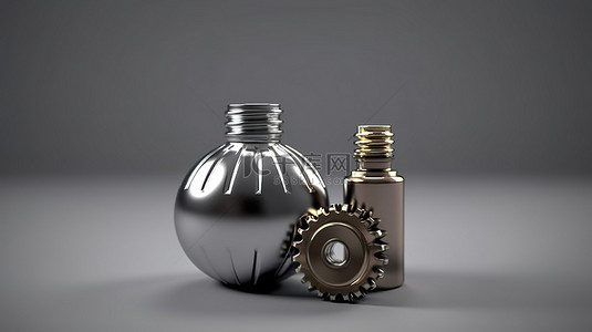 闪亮的球体位于灰色背景 3D 渲染上的芳香疗法必需品中的现代装备之上