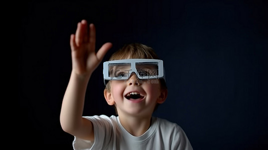 一个戴着 3D 眼镜的小孩子兴奋地举起双手