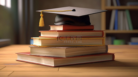 学术霸主背景图片_带有一堆书的毕业帽的概念 3D 渲染
