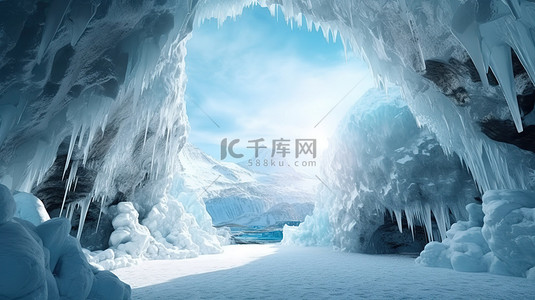 巨大的冰洞，拥有覆盖着雪的岩石和 3D 创建的霜冻冰柱