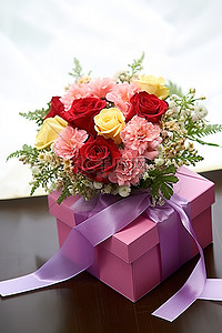 礼物礼物盒背景图片_紫色和黄色的花朵放在红色盒子里并绑在一起
