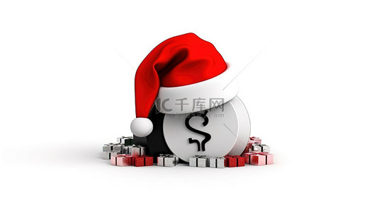 圣诞老人帽子和折扣标志在 3d 渲染的白色背景上