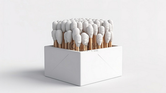 倒立的火柴人背景图片_白色空盒子的 3D 渲染，白色背景上有白色木火柴