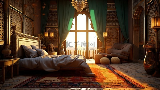 中东旅游背景图片_3D 渲染的中东阿拉伯风格卧室