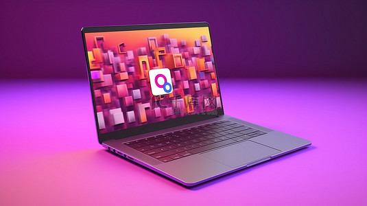 电脑紫色背景背景图片_带有笔记本电脑和 Instagram 徽标模型的紫色背景的 3D 渲染