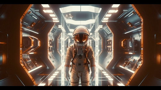 未来飞船中的孤独太空旅行者 3D 渲染中的宇航员肖像
