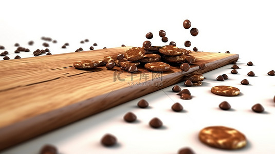 棕色背景背景图片_巧克力片在木托盘板上层叠和滑动的 3D 插图
