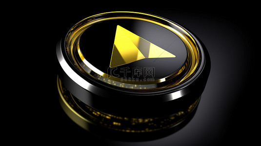 弹出媒体图标闪亮的黄色框按钮，在黑色背景上的 3D 插图中带有反射
