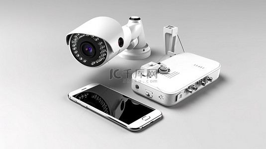 粮仓监控系统背景图片_孤立电话和安全摄像头的 3D 渲染
