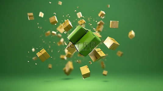 绿包装背景图片_正在运输的浮动纸板包装的绿色背景 3D 渲染
