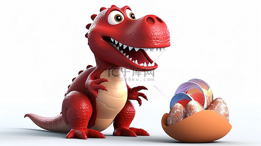 搞笑的 3D 红色恐龙，摆着俏皮的姿势和复活节巧克力蛋