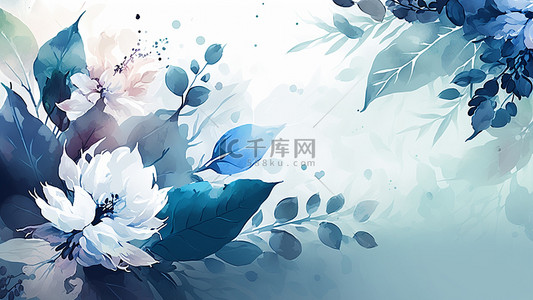 水彩植物背景背景图片_鲜花树叶水彩蓝色背景