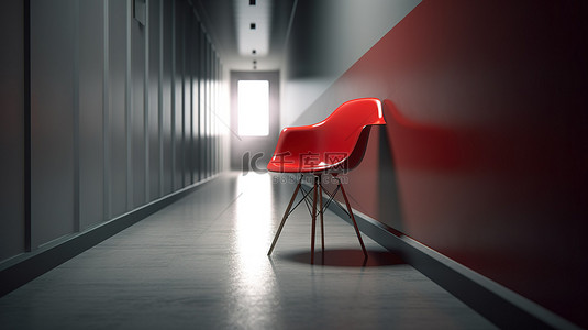 大胆的红色椅子在僻静的走廊中的 3D 渲染
