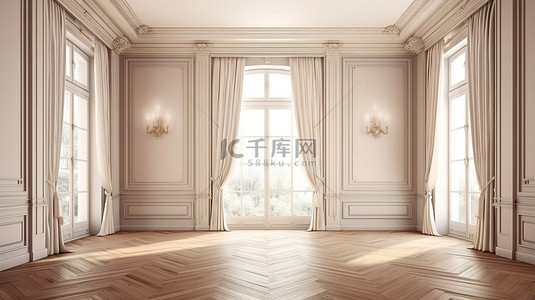 宽敞的空房间的优雅 3D 渲染，配有美丽的墙檐和木地板