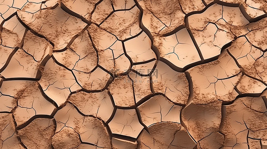 破裂和干旱的土壤纹理棕色地球背景 3D 渲染艺术品