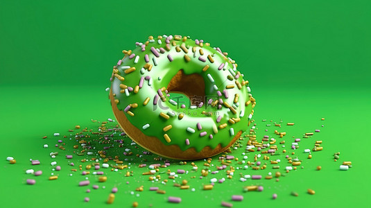一个甜甜圈的悬浮 3D 渲染，上面有糖霜，并洒在充满活力的绿色背景上