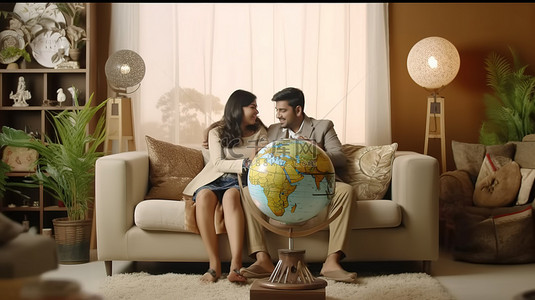 年轻的亚洲印度夫妇使用 3D 地球模型在舒适的沙发上计划他们的梦想假期
