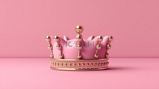 胜利和成功粉红色背景 3d 渲染上的金色王冠