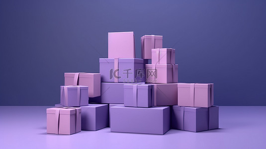外卖盒背景图片_最小的卡通风格包裹盒以 3D 方式堆叠在紫色背景上，非常适合网站横幅和插图