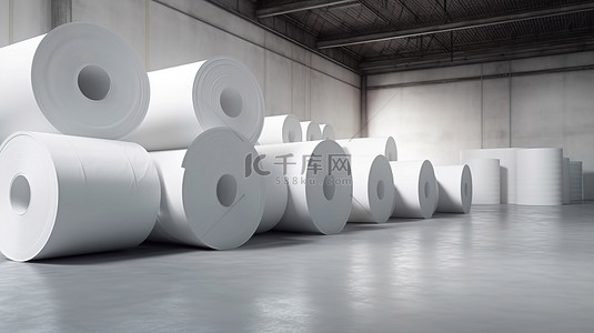 生产厂房背景图片_3D 渲染中带有大量白纸卷的工厂场景