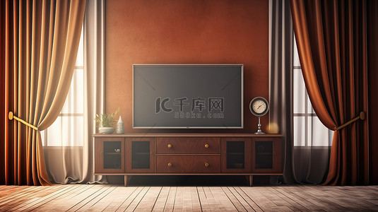棕色海报背景图片_窗帘绘制位于窗前的电视柜的 3D 渲染